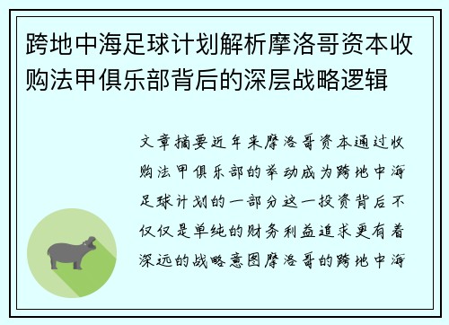 跨地中海足球计划解析摩洛哥资本收购法甲俱乐部背后的深层战略逻辑